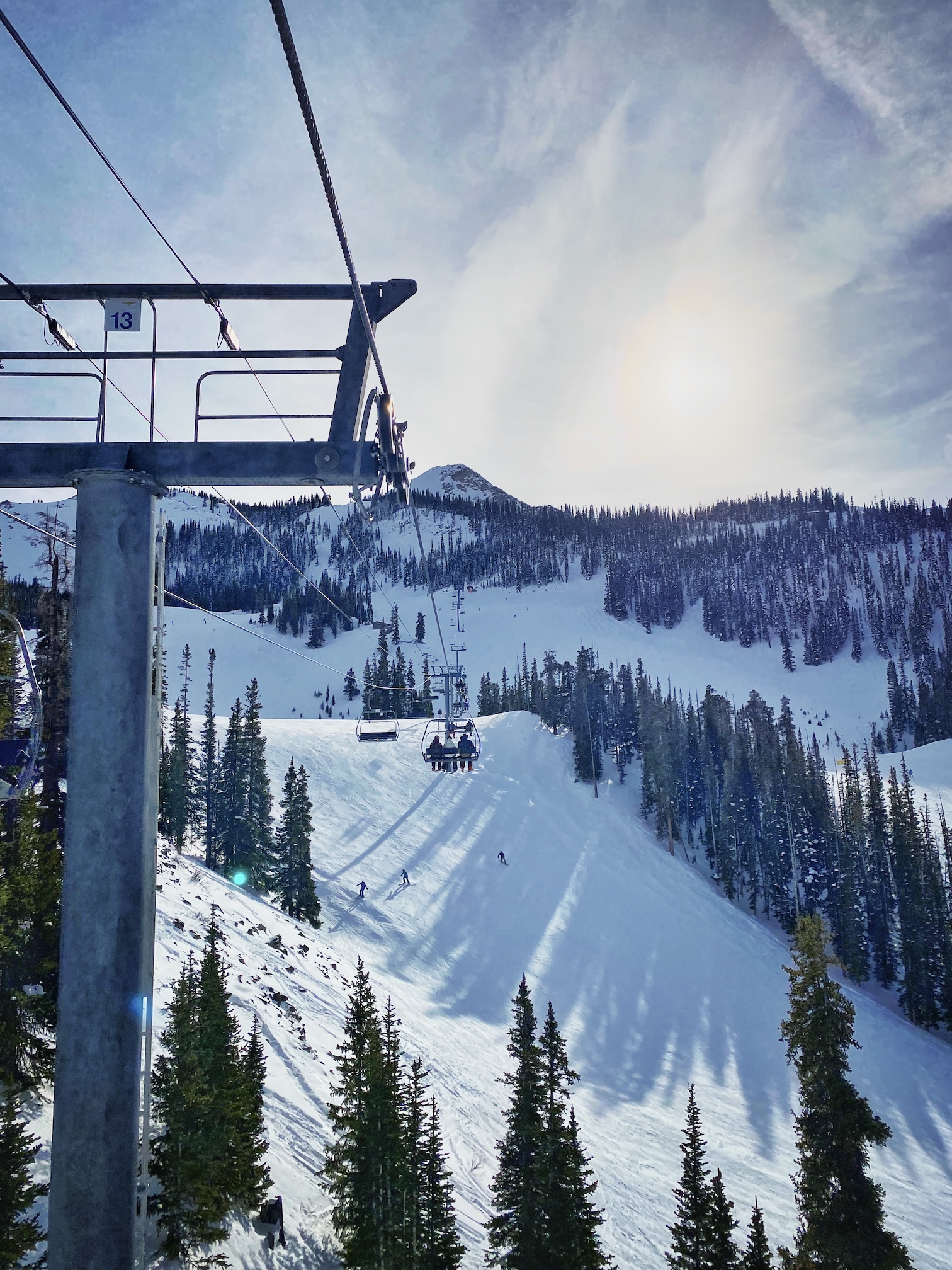 The tower on a ski lift. Paradise Lift at Crested Butte serves an intermediate level bowl.