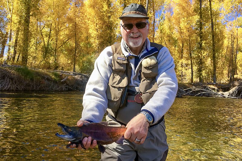 A fly-fisherman with a white beard smiles broadly as he holds up a Kokanee Salmon he just caught.