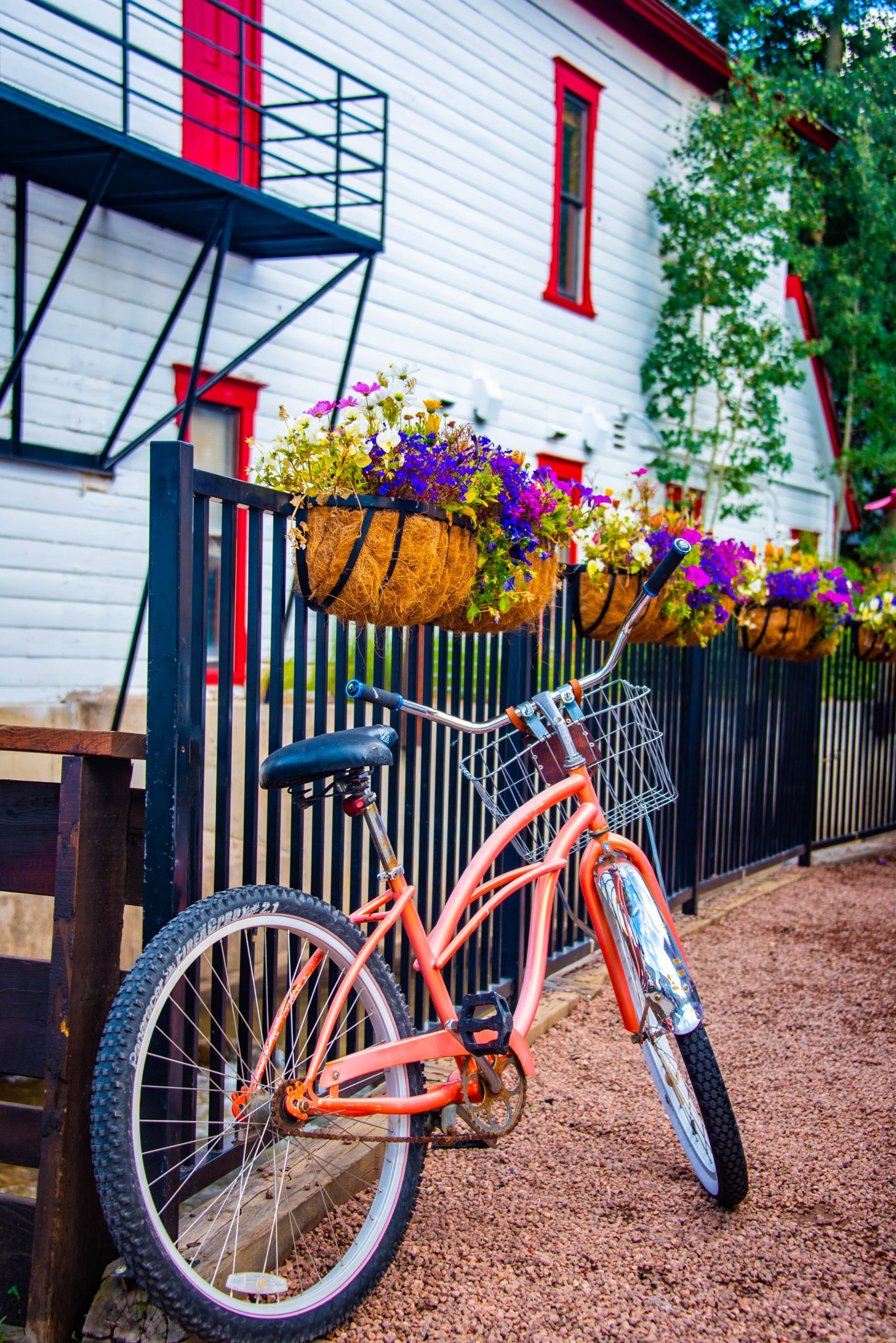 A beach cruiser bike leans against a fence in downtown Crested Butte.