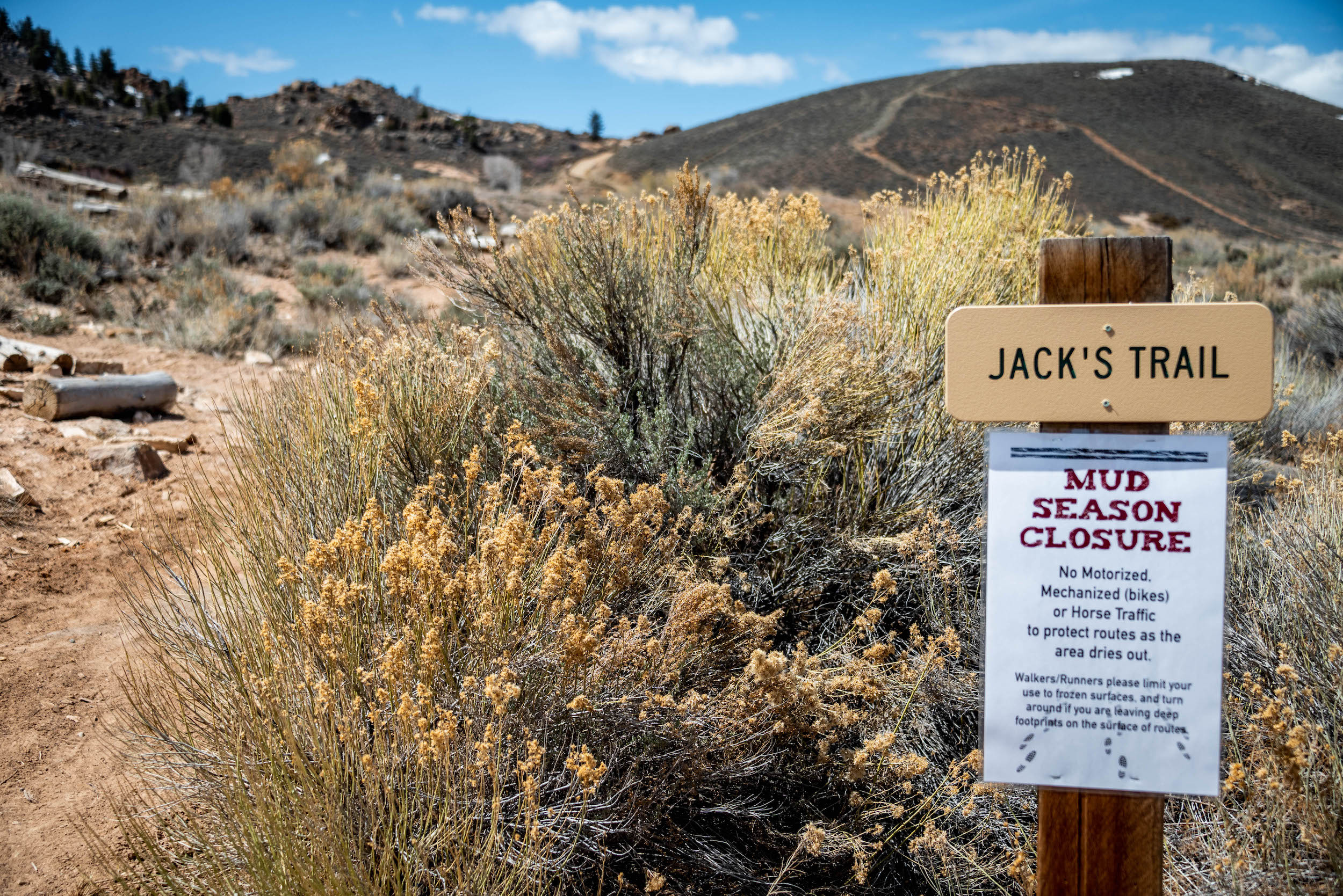 A sign that says "Jack's Trail" with another sign underneath that says "mud season closure." with plants and a hill in the background